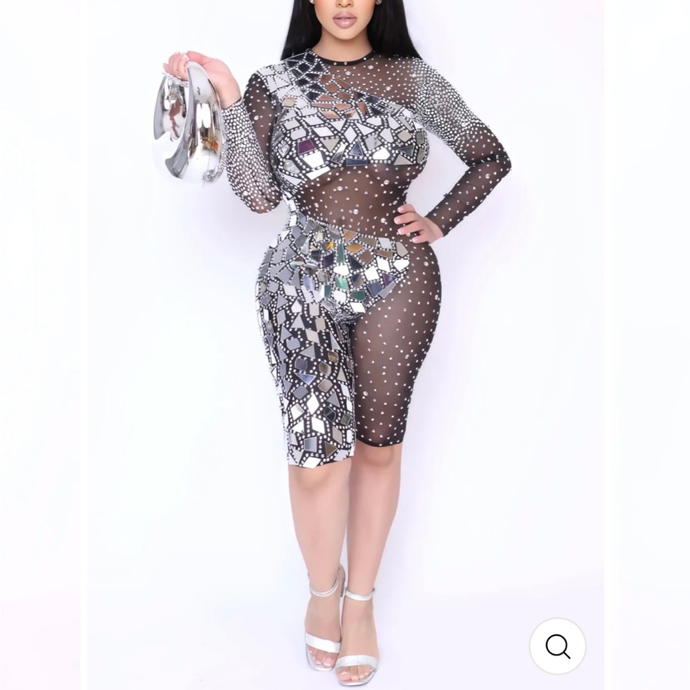 Angel Brinks Sheer Black and Silver Rhinestone Romper